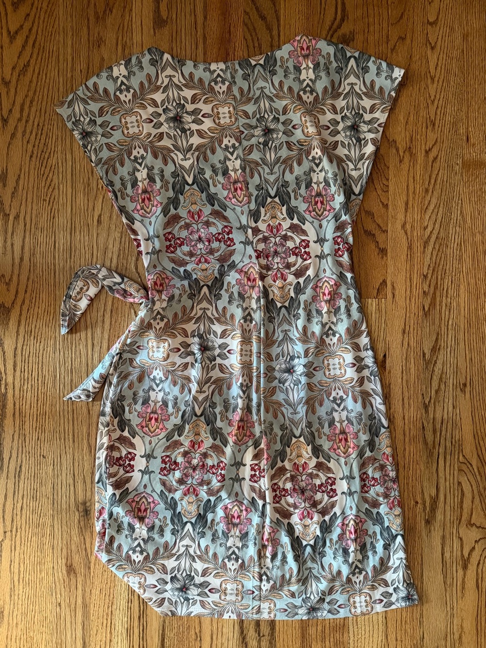 Floral Medallion Light Blue Midi Dress with Tie Waist